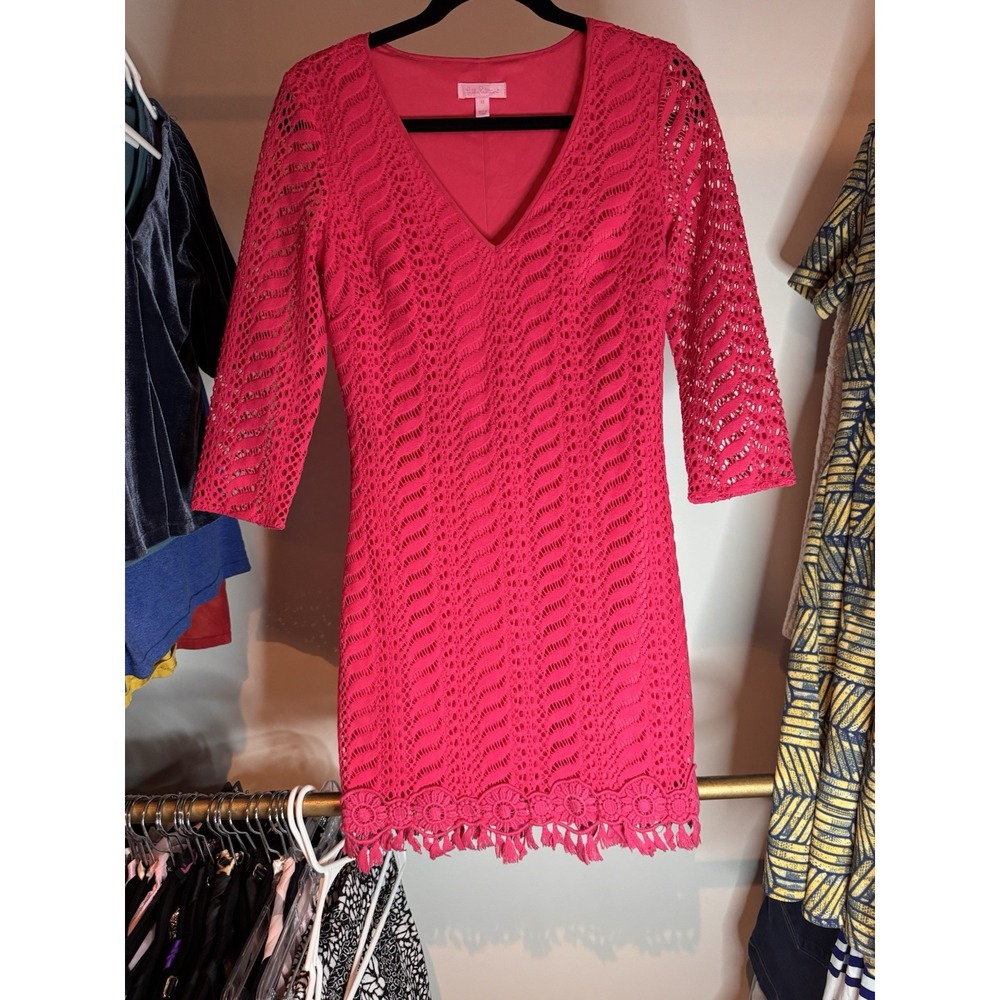 Lilly Pulitzer Dress Womens Pomegranate‎ Pink Seminole Knit Crochet Tassel XS